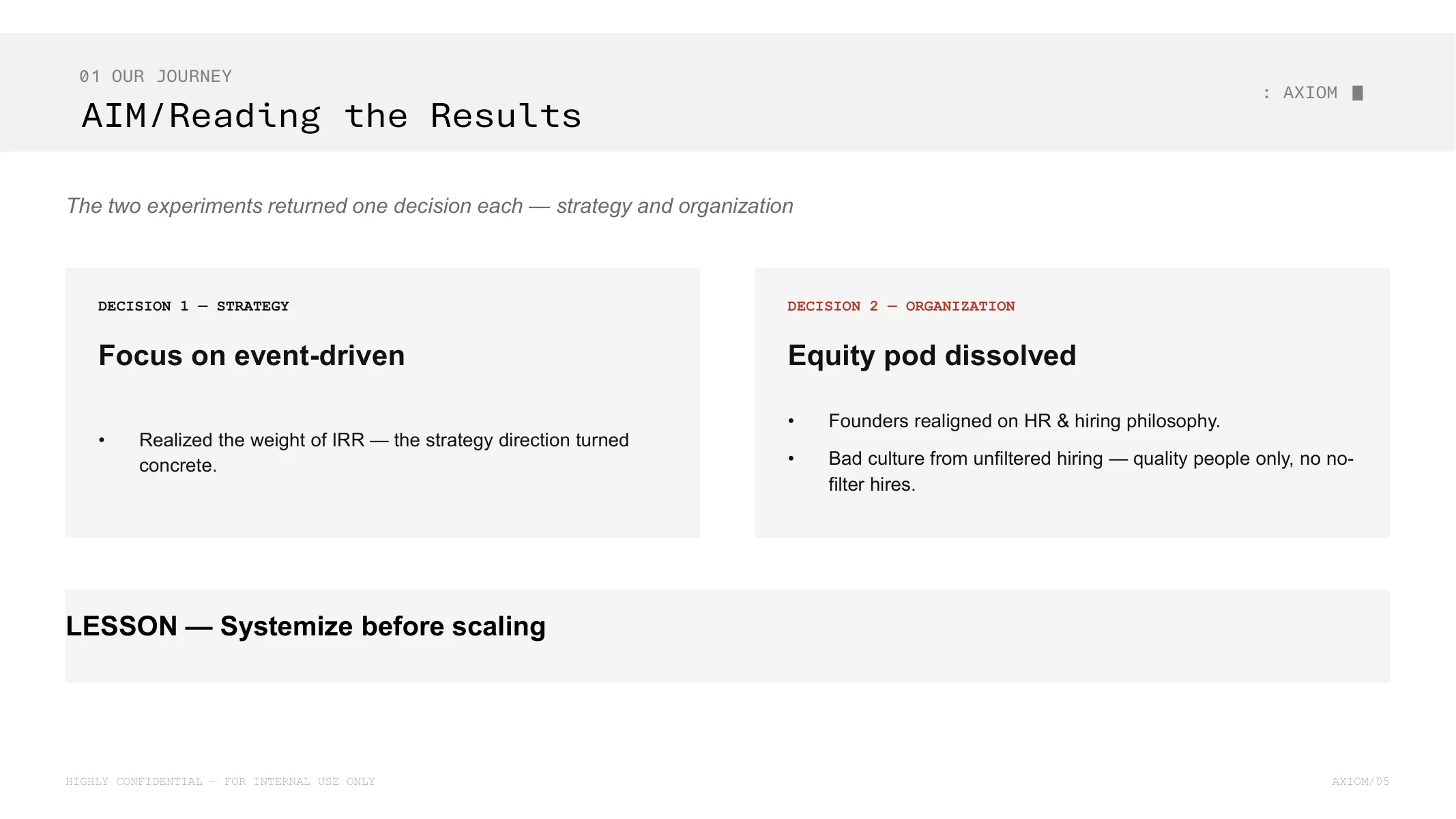The two experiments returned one decision each — strategy and organization